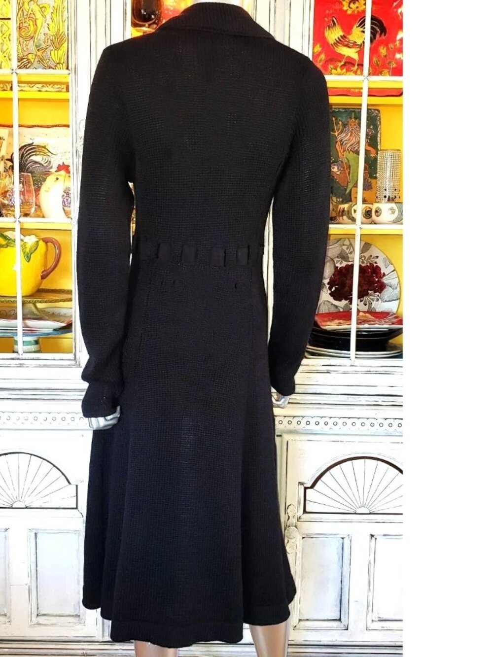 Vintage Betsey Johnson New York Duster Coat Black Sweater Dress Knit Jacket M S - Picture 7 of 14
